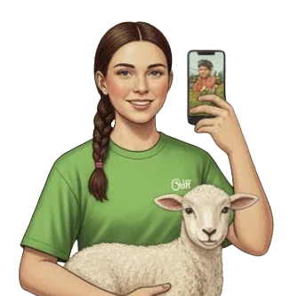 Illustration of a young exhibitor taking a selfie with her lamb